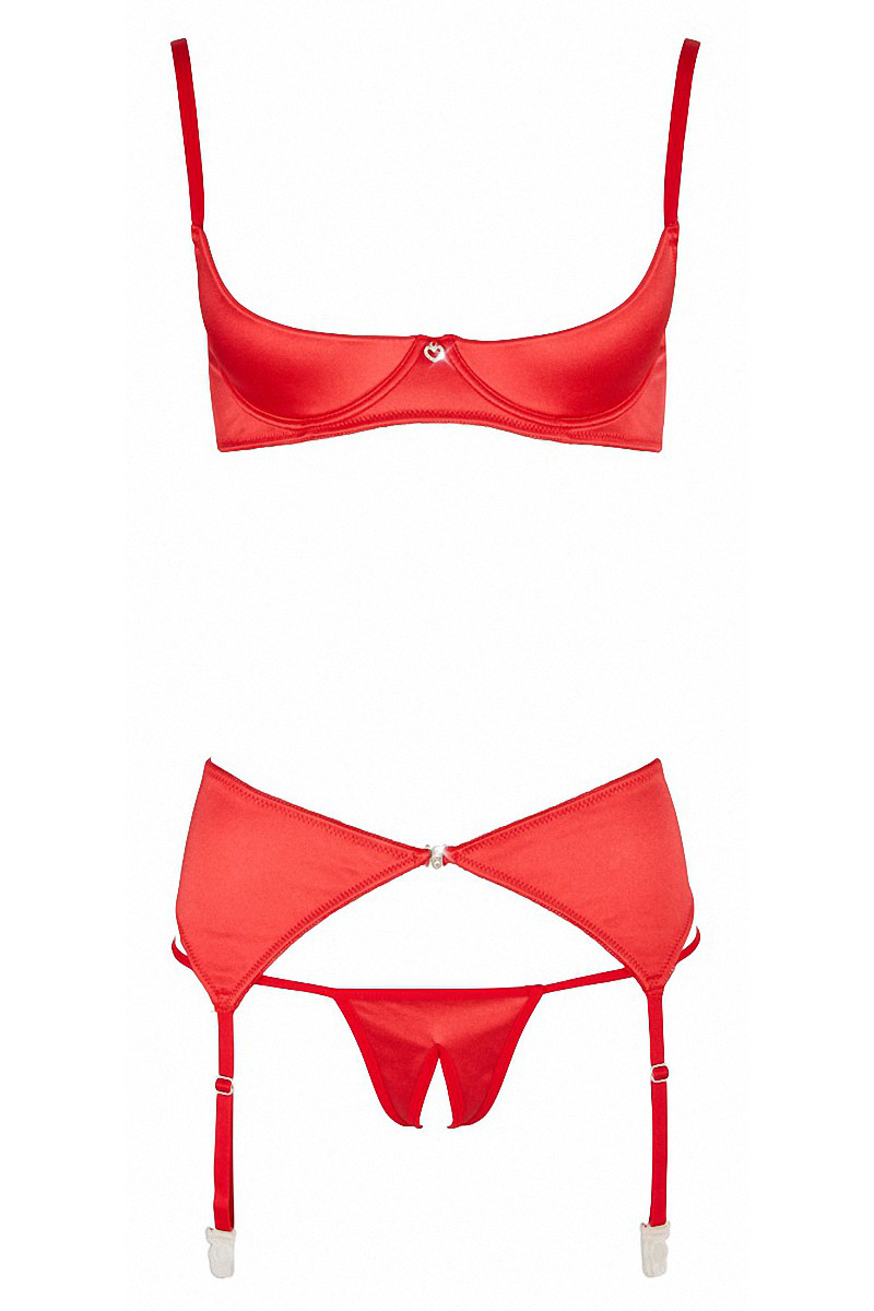 Ensemble Lingerie Pi Ces Ouvert Seins Nus Rouge