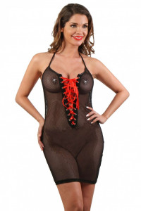 Robe résille noire lacée satin rouge Spazm