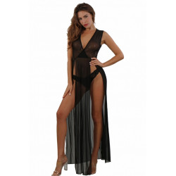 Robe Longue Micro Résille Dentelle Noire Ultra Fendue 