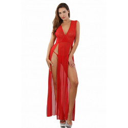 Robe Longue Micro Résille Dentelle Rouge Ultra Fendue