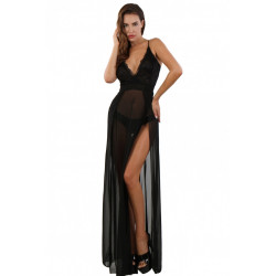 Robe Longue Noire Micro Résille Transparente Fendue Buste Dentelle