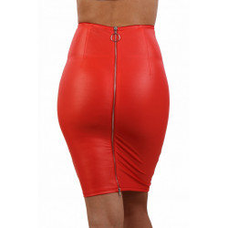 Jupe Longue Sexy Fendue Crayon Rouge Effet Wetlook Zip Dos