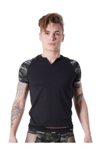 T Shirt Noir Taille XL Sexy Manches Camouflage Col Rond Ouvert LOOK ME