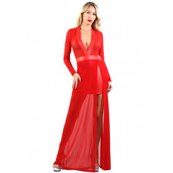 Robe Rouge Sexy Chic Longue Micro Résille Jupe Courte Wetlook 