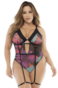 Body Jarretelles Grande Taille Noir Imprimé Fleurs Exotiques Mapalé