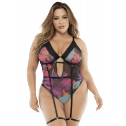 Body Jarretelles Grande Taille Noir Imprimé Fleurs Exotiques