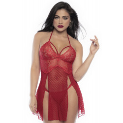 Nuisette Sexy Dos Nu Dentelle Rouge et Fine Résille String Assorti