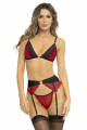 Ensemble 3 Pièces Soutien Gorge Porte Jarretelles Sexy et String Noir et Rouge René Rofé