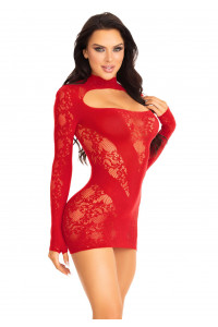 Mini Robe Sexy Rouge Dentelle Manches Gantées Leg Avenue