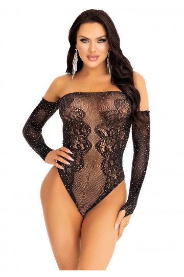 Body Dentelle Strass Noir Sexy Manches Longues
