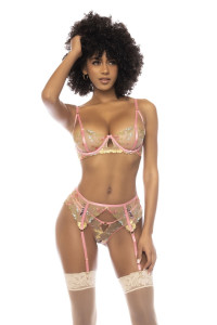 Ensemble 3 Pièces Dentelle Brodée Florale Porte Jarretelles et String Assorti Mapalé