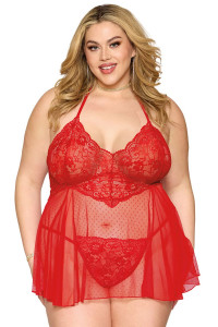 Nuisette Sexy Classique Grande Taille Rouge Résille et Dentelle Florale String Assorti Dreamgirl