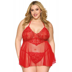 Nuisette Sexy Classique Grande Taille Rouge Résille et Dentelle Florale String Assorti