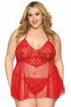 Nuisette Sexy Classique Grande Taille Rouge Résille et Dentelle Florale String Assorti Dreamgirl