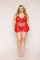 Nuisette Sexy Classique Grande Taille Rouge Résille et Dentelle Florale String Assorti Dreamgirl