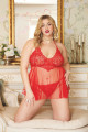 Nuisette Sexy Classique Grande Taille Rouge Résille et Dentelle Florale String Assorti Dreamgirl