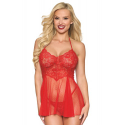 Nuisette Classique Rouge Résille et Dentelle Florale String Assorti