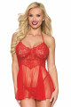 Nuisette Classique Rouge Résille et Dentelle Florale String Assorti