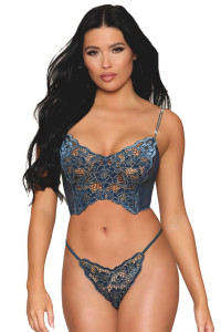 Bustier Dentelle Florale et Résille Strass et String Dreamgirl