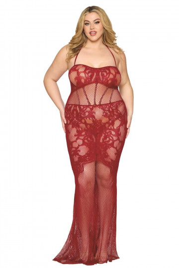 Nuisette Déshabillé Long Résille Rouge Grande Taille