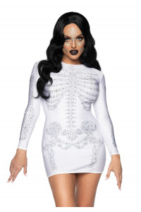 Magnifique Robe Blanche Spandex avec Effet Squelette en Strass pour Halloween 