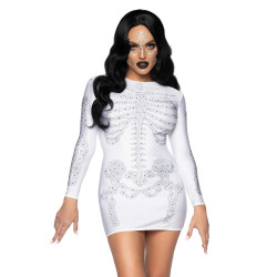 Magnifique Robe Blanche Spandex avec Effet Squelette en Strass pour Halloween 