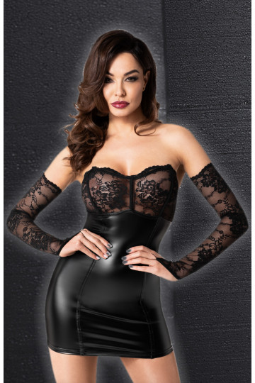 Robe Sexy ClubWear Libertin Harmonia Wetlook et Dentelle avec Manchettes