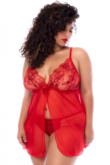 Nuisette Babydoll Ouverte Grande Taille Rouge et String Assorti