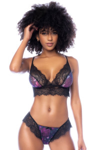 Ensemble Sexy Imprimé Floral Noir et Violet Tanga Dos Lacé 2 Pièces Mapalé