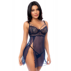 Nuisette Transparente Fendue et String Bleu Nuit