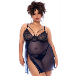 Nuisette Grande Taille Transparente Fendue Bleu Nuit et String