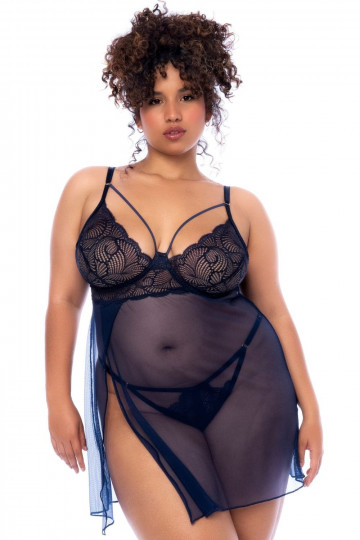 Nuisette Grande Taille Transparente Fendue Bleu Nuit et String