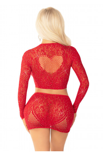 Ensemble Rouge Crop Top et Mini-Jupe en Strass 