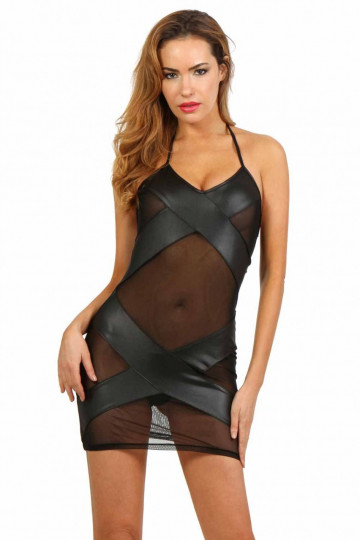 Robe Taille S Sexy Club Chic Micro Résille Bandes Croisées Wetlook Fetish