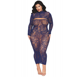 Ensemble Grande Taille Top Manches Longues et Robe Bleu Marine 2 Pièces 