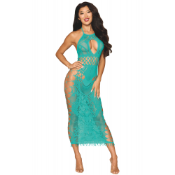 Robe Lingerie Longue Résille Fantaisie Turquoise Ouverte sur les Cotés