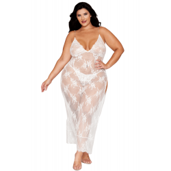 Nuisette Longue Blanche Grande Taille Dentelle Florale et String Assorti