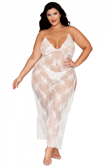 Nuisette Longue Blanche Grande Taille Dentelle Florale et String Assorti