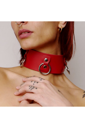 Collier en Cuir Collection 3 Anneaux Rouge Fetish SM BDSM