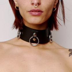 Collier en Cuir Collection 3 Anneaux Noir Fetish SM BDSM