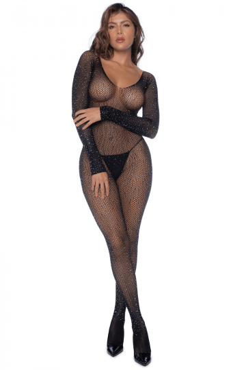 Combinaison Ouverte Noire en Résille avec Strass
