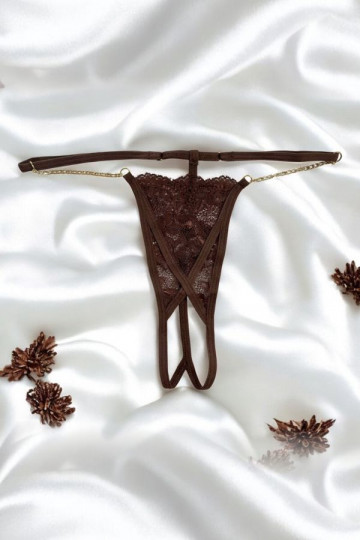 String Dentelle Ouvert Chaînes Dorées Marron