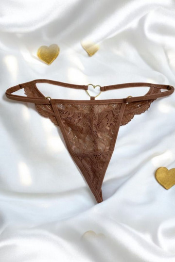 String Bijou Cœur Doré Dentelle Taupe