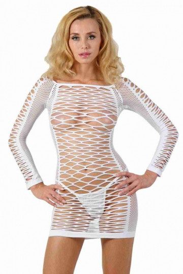 Robe Blanche Large Résille Manches Longues