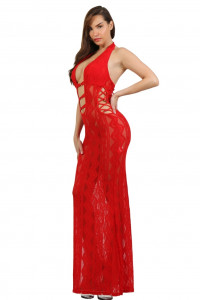 Robe Longue Dentelle Rouge Profond Décolleté