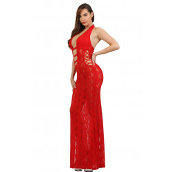 Robe Longue Dentelle Rouge Profond Décolleté