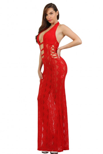 Robe Longue Dentelle Rouge Profond Décolleté