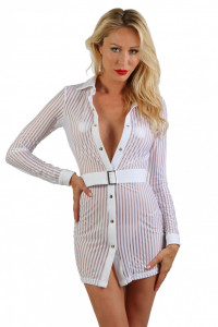 Robe Ouverte à Boutons Pressions Blanche Bandes Transparentes et Opaques