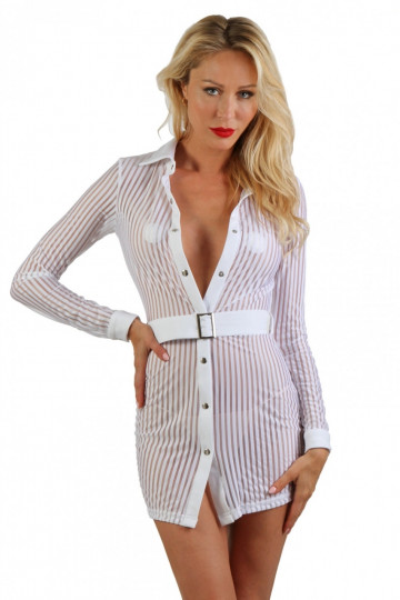 Robe Ouverte à Boutons Pressions Blanche Bandes Transparentes et Opaques