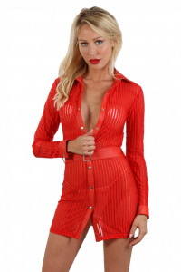 Robe Ouverte à Boutons Pressions Rouge Bandes Transparentes et Opaques